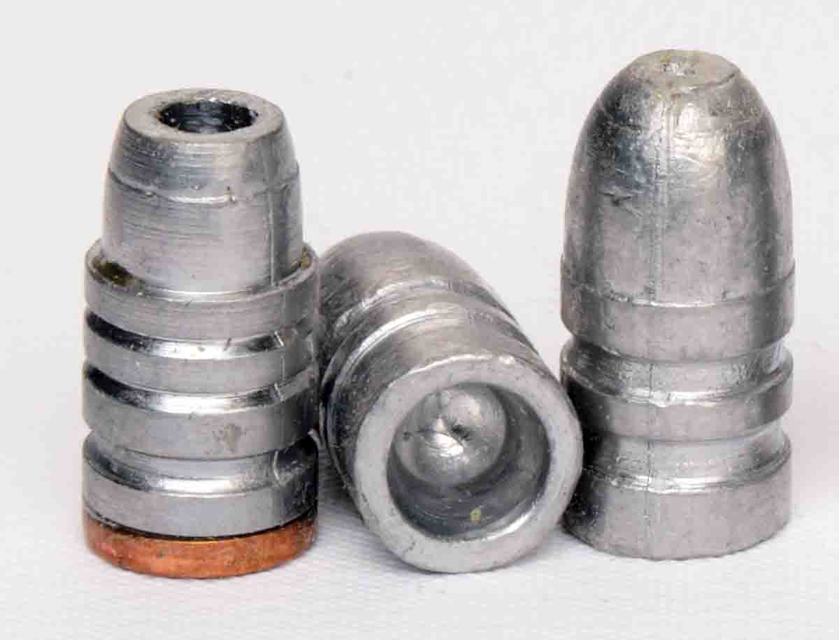 The hollowpoint, gas check cast bullet at left is from Lyman mould 358156HP. The hollowbase bullet at right is from a Rapine mould 145358HB. Both bullet designs are .38/.357 but are now unavailable.